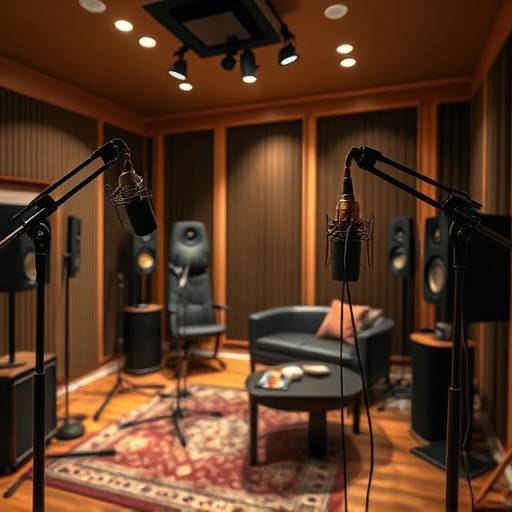 Interiørbillede af Stjerneklart Studios lydtætte optagestudie med mikrofoner og professionelt udstyr.