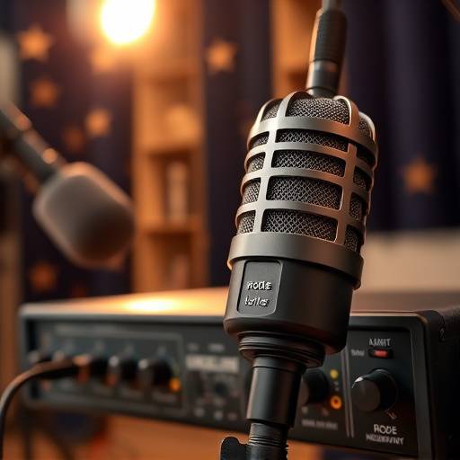 Nærbillede af professionelt lydudstyr i Stjerneklart Studio, inklusive en Neumann mikrofon og et Røde lydinterface.